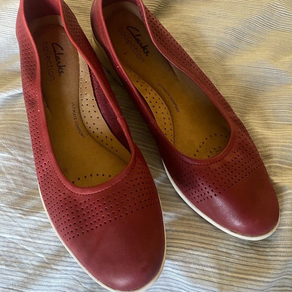 Clarks Red Leather Flats with Minimalist Design